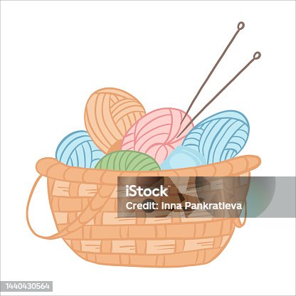istock Vector illustration in color. Basket with threads for knitting and knitting needles 1440430564
