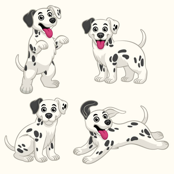 ilustrações, clipart, desenhos animados e ícones de desenho animado dalmation puppy definido em várias pose - dálmata