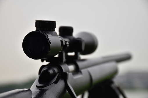 Rifle with a scope and bipod with first person shooter (FPS) view