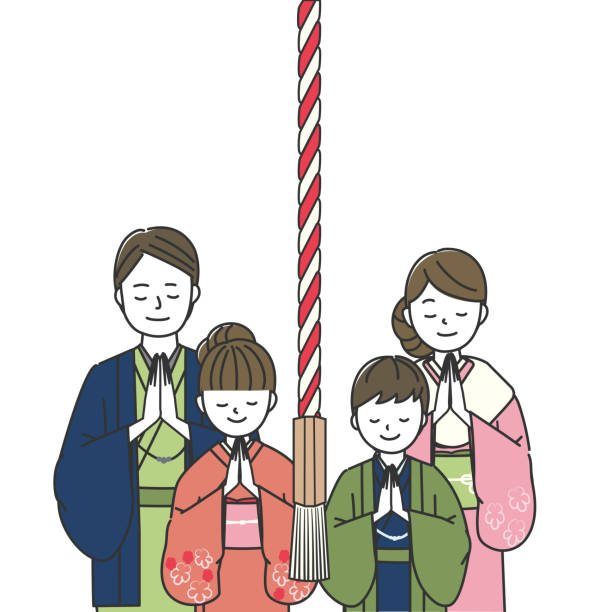 illustrations, cliparts, dessins animés et icônes de famille priant au sanctuaire - hatsumode