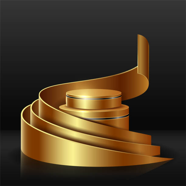 istock Golden cylinder podium with spiral decoration elements. Golden cylinder luxury podium. Golden podium for mockup products, promotion display. Vector illustration 1440436404