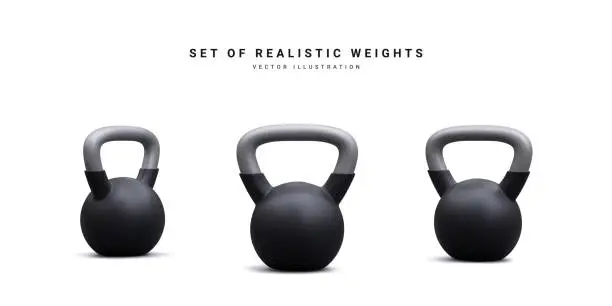 Vector illustration of Set of 3d realistic weights kettlebell isolated on white background. Vector illustration