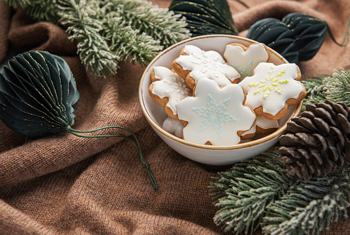 Christmas homemade gingerbread cookies.  Christmas Holiday Background.