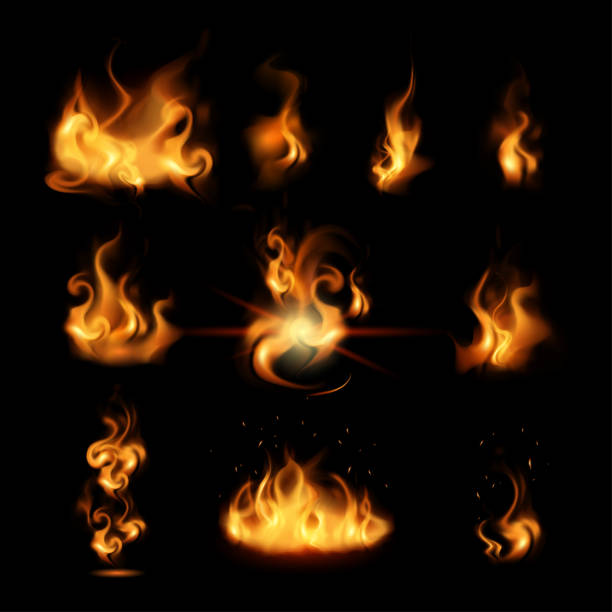 realistic fire big and small flames on black background realistic fire big and small flames on black background flame patterns stock illustrations