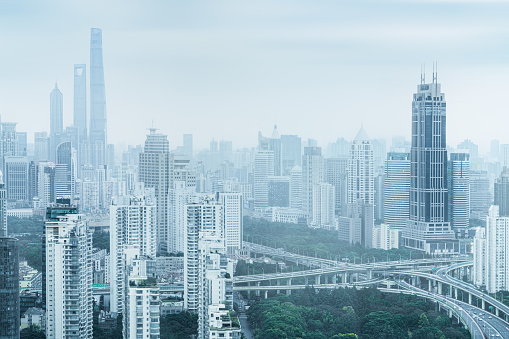 financial district buildings of shanghai in the smog day