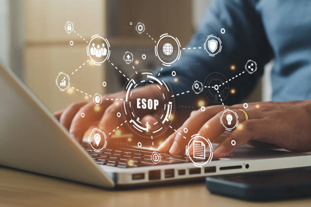 istock Businessman using a computer to Esop - Employee Stock Ownership Plan concept with vector icons. Employee stock ownership is where a company's employees own shares in that company. 1440443230