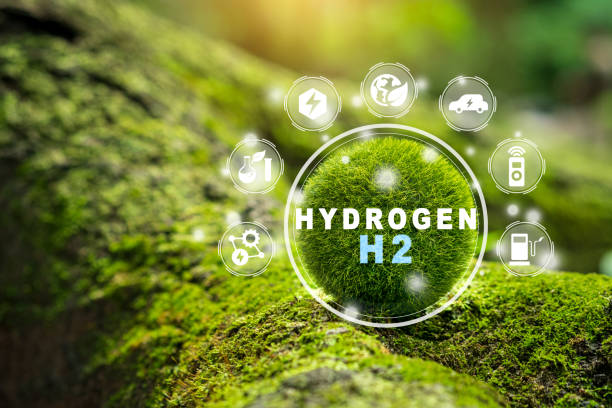 close up earth on nature background with icon h2 fuel modern manufacturing. hydrogen green clean ecological energy. hydrogen industry concept. - hidrojen stok fotoğraflar ve resimler