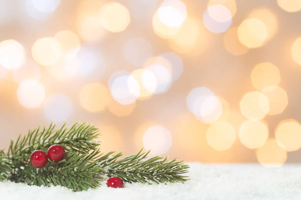Light Christmas and New year background blurred, sparkling. Spruce branches on snow on bokeh light background. Copy space. Greeting card, happy new year and merry Christmas