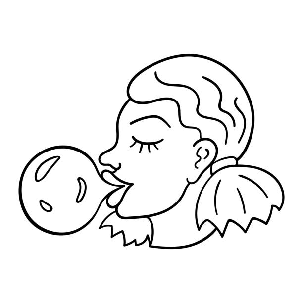 ilustraciones, imágenes clip art, dibujos animados e iconos de stock de ilustración vectorial aislada de una niña soplando chicle. lindo icono de línea delgada para diseño, cubierta, etc. - chewing gum women bubble blowing