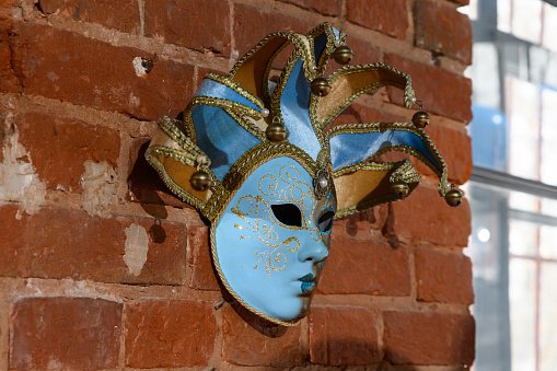 Venice, Italy - 14 Nov, 2022: Ornate Venetian Carnival Masks on sale in a tourist shop in Venice