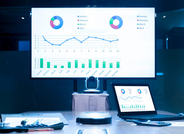 istock Mock up presentation on display television and laptop on table in meeting room 1440446242