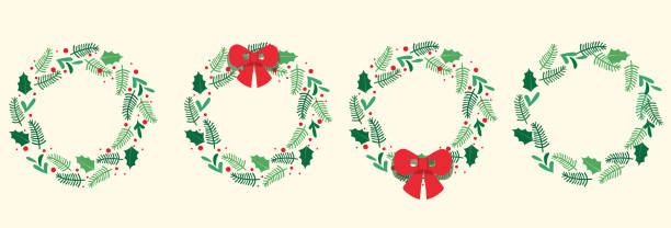 クリスマスリース�の葉ベクターイラストのセット - holly christmas frame poinsettia点のイラスト素材／クリップアート素材／マンガ素材／アイコン素材