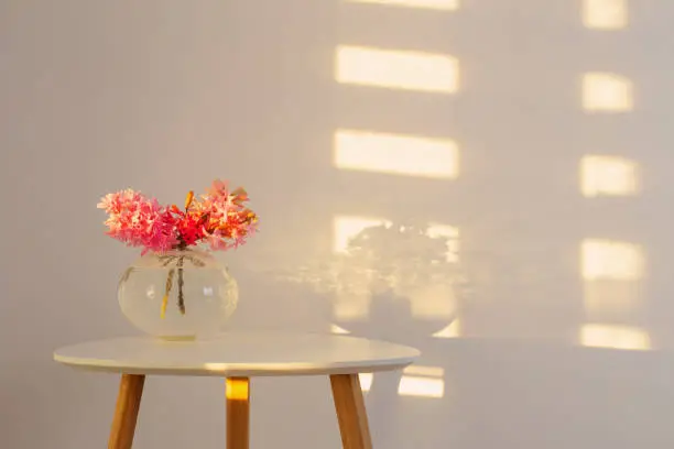 spring flowers in glass vase on background white wall in sunlight