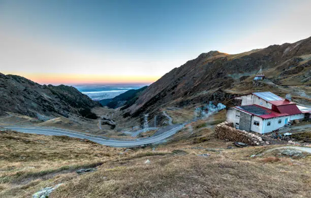 View of Transfagarash highway and valley in Carpathian mountains. Fagaras ridge, Romania, Europe.