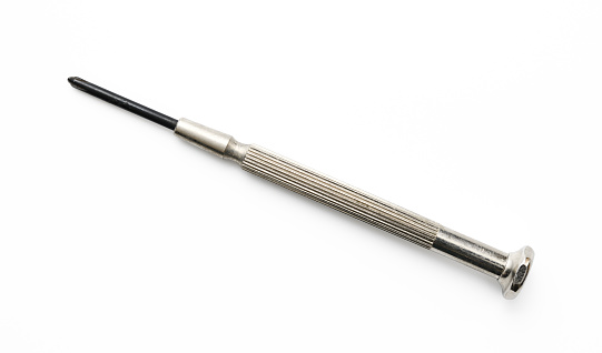 Overhead shot of silver precision screwdriver, isolated on white with clipping path.