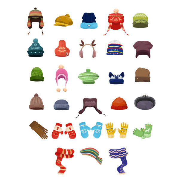 ilustrações de stock, clip art, desenhos animados e ícones de set of various winter warm wooly hats. knitted hats with pompoms, funny hats, fashionable head gear. flat vector illustration. - knit hat
