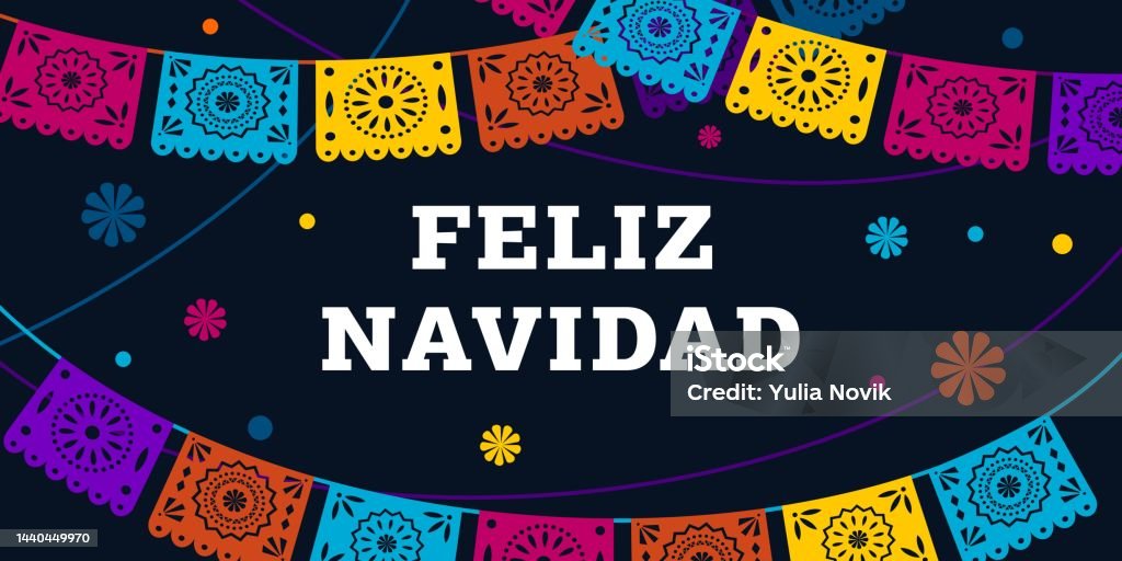 Feliz navidad. Mexican christmas banner, vector illustration. Poster, card for social media, networks with copy space. Text in Spanish merry Christmas, garlands of flags on black background. Feliz navidad. Mexican christmas banner, vector illustration. Poster, card for social media, networks with copy space. Text in Spanish merry Christmas, garlands of flags on black background Feliz Navidad - Short Phrase stock vector