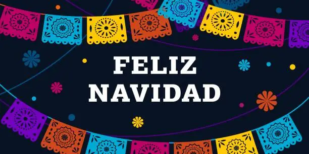 Vector illustration of Feliz navidad. Mexican christmas banner, vector illustration. Poster, card for social media, networks with copy space. Text in Spanish merry Christmas, garlands of flags on black background.