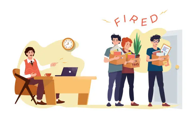 Vector illustration of People fired dismissed from the job. Boss shouted at the employees. Workers going to the door with their stuff, boxes. Unemployment concept. Recession. Search for the job, occupation. Loss of job.  Flat vector illustration.