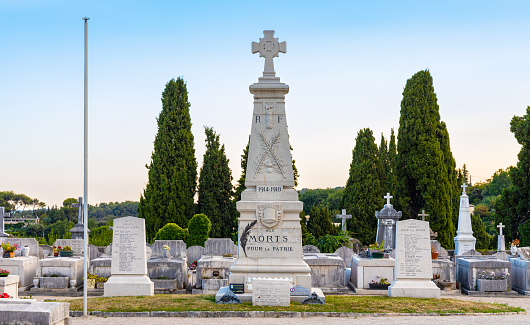Vence, France - August 6, 2022: Historic cemetery with national heroes memorial at Avenue Colonel Meyere street in old town of medieval riviera resort of Vence