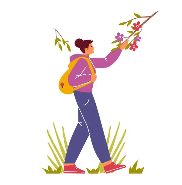Vector illustration of Harmony with nature concept vector illustration. Young woman with backpack walking outdoors, touching branch with flowers.