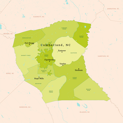 NC Cumberland County Vector Map Green. All source data is in the public domain. U.S. Census Bureau Census Tiger. Used Layers: areawater, linearwater, cousub, pointlm.