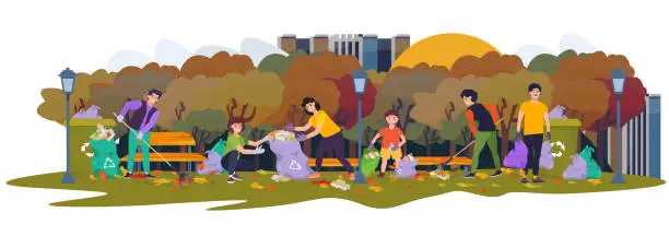 Vector illustration of Group of people cleaning up park from old leaves and waste, plastic, rubbish. Earth day. Environment protection, ecosystem concept. Clean-up of the territory. Man raking leaves. Collecting garbage, trash, Flat vector illustration.