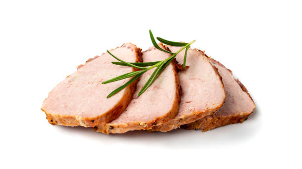 Baked Pork Slices Isolated, Roasted Sliced Loin, Tenderloin Ham Pieces Baked Pork Slices Isolated. Roasted Sliced Loin, Tenderloin Ham Pieces, Baked Meat Fillet Slices on White Background celebrity roast stock pictures, royalty-free photos & images