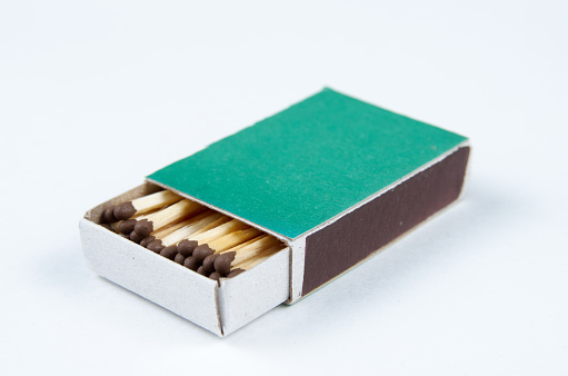 Close-up of a green matchbox isolated on white background with clipping path