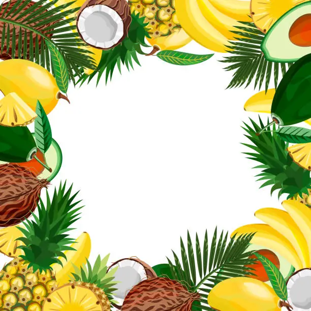 Vector illustration of Fruit and tropical frame,pineapple,avocado,mango,bananas,leaves,coconut on a white background.Vector illustration for food labels,restaurant menus,postcards,banners.