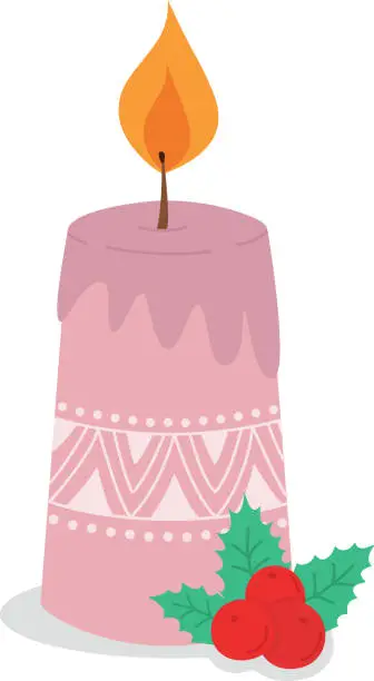 Vector illustration of Pink Christmas candle with a pattern isolated on a white background. Festive illustration with a burning candle decorated with Christmas berries.  Vector illustration in a fashionable style.