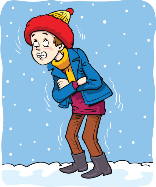 A boy shivering in winter weather A boy shivering in winter weather shivering stock illustrations