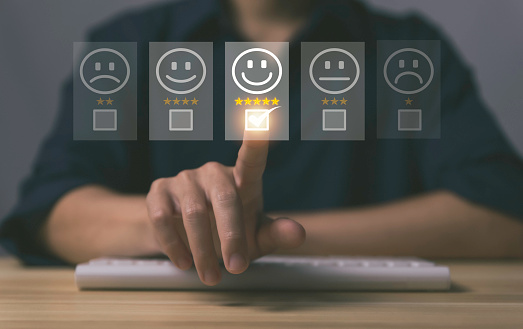 positive customer reviews tick the check mark Five-star happy smiley face icon. Service satisfaction survey concept, feedback, and the best response from the product user experience.