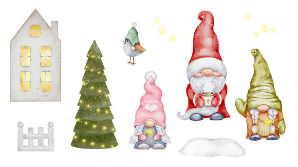 illustrations, cliparts, dessins animés et icônes de de mignons gnomes de noël isolés sur fond blanc. arbre, maison, père noël. drôles de personnages de dessins animés. aquarelle peinte à la main illustrations. design de vacances du nouvel an pour cartes, invitations, scrapbooking - gnome troll wizard dwarf