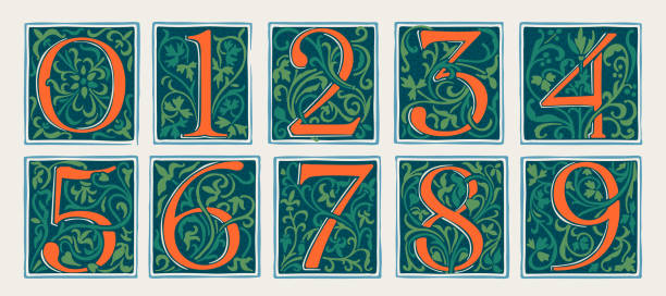 Numbers set in medieval gothic style. Set of dim colored and monochrome grunge style logos. Engraved initial drop cap. Engraved initial drop cap. Perfect for vintage identity, Middle Ages posters, luxury packaging. clip art of illuminated letter a stock illustrations