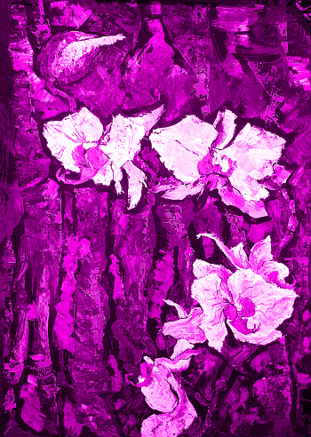 Artistic illustration work of art allegory of tenderness oil painting vertical landscape flowers of orchid on a background of plant leaves in pink tones