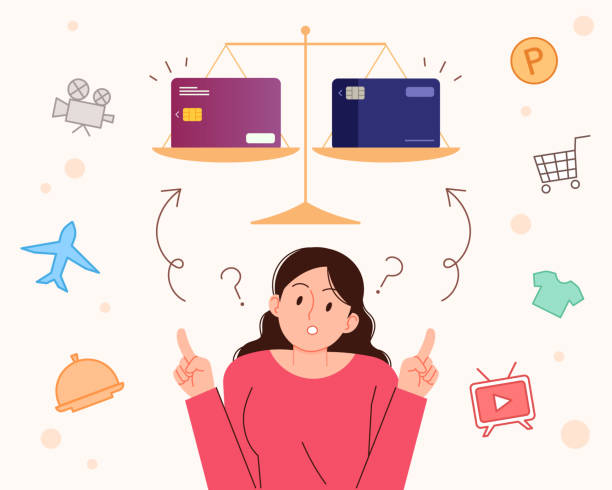 illustrazioni stock, clip art, cartoni animati e icone di tendenza di una donna che pensa a quale carta di credito scegliere. - credit card customer choice decisions