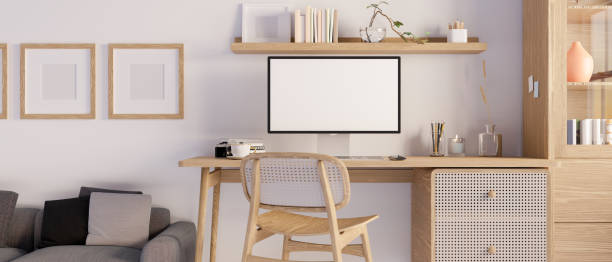 istock Minimal Scandinavian home working space interior with computer mockup on minimal wood table 1440469311