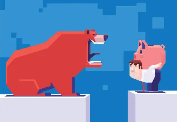 Vector illustration of businessman carrying piggybank and meeting roaring bear on cliff