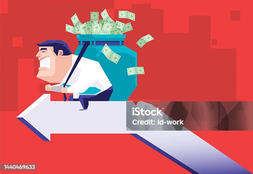istock businessman carrying sack of money banknotes and sitting on broken arrow symbol 1440469633