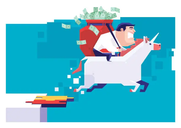 Vector illustration of businessman carrying sack of money banknotes, riding unicorn and jumping over broken puzzle bridge