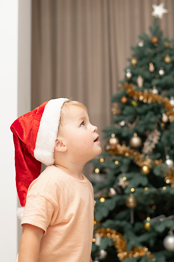 Christmas concept. A handsome little caucasian boy in a santa claus hat stands against the background of an elegant Christmas tree in a home interior. Close-up. soft focus. bokeh.