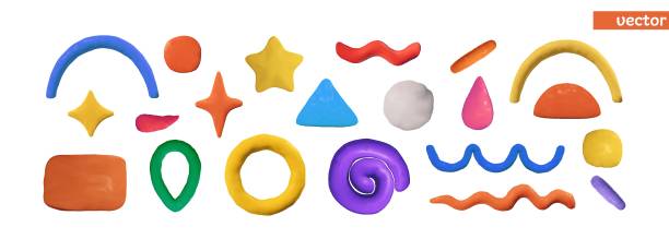 ilustrações de stock, clip art, desenhos animados e ícones de vector set of textured plasticine shapes for templates design. colorful clay objects in 3d style. - clay