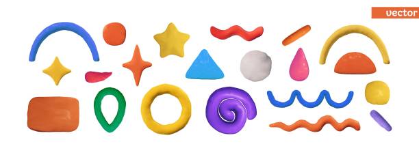 Vector set of textured plasticine shapes for templates design. Colorful clay objects in 3d style. Vector set of textured plasticine shapes for templates design. Colorful clay objects in 3d style. childs play clay stock illustrations