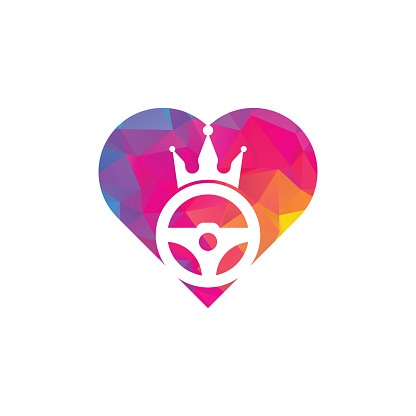 Drive king heart concept vector logo design. Steering and crown icon.