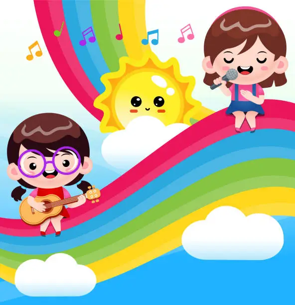 Vector illustration of Cute Girls Playing Gitar and Singing Duet On The Rainbow