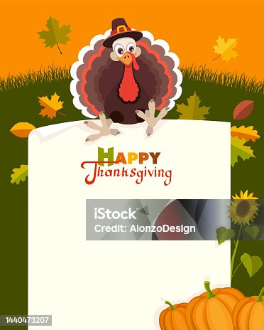 istock Happy Thanksgiving Day Concept Design. Pilgrim Turkey. Paper Scroll Sign. 1440473207
