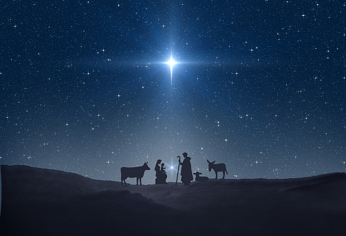Star of Bethlehem, or Christmas Star. Silhouettes of Jesus Christ, Mary, Joseph and animals