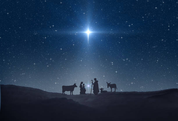 Star of Bethlehem, or Christmas Star. Silhouettes of Jesus Christ, Mary, Joseph and animals Star of Bethlehem, or Christmas Star. Silhouettes of Jesus Christ, Mary, Joseph and animals nativity scene stock illustrations