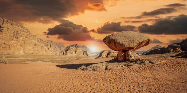 istock famous rock formation in the wadi rum desert. 1440474571